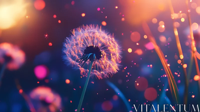 Dreamlit dandelion seeds drifting through neon dusk glow.