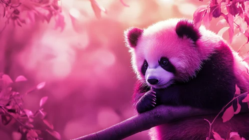Dreamy pink forest with a thoughtful baby panda resting.