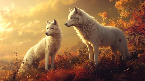 White wolves in golden-hour autumnal digital wilderness scene.