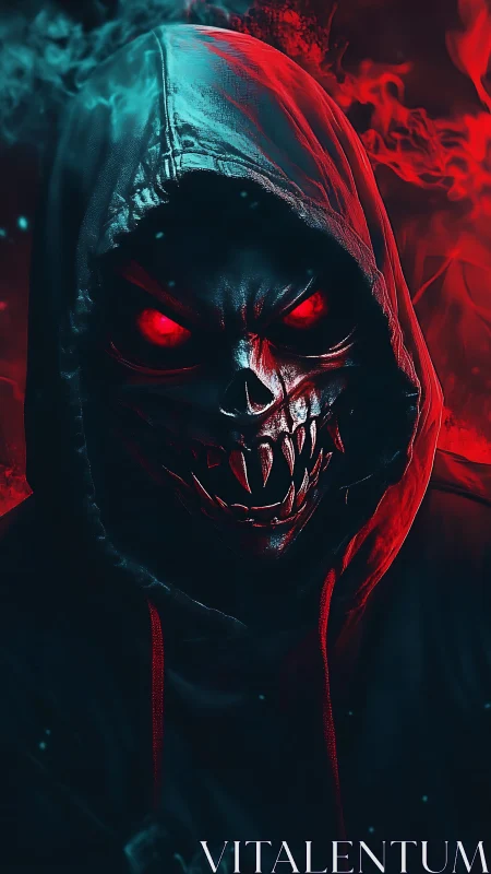 Hooded skull creature stares forward with glowing red eyes