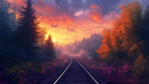 Railway cuts through glowing autumn forest at sunset.