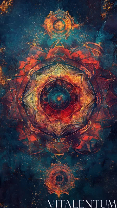 Radiant cosmic mandala unfolds in fiery, layered symmetry.