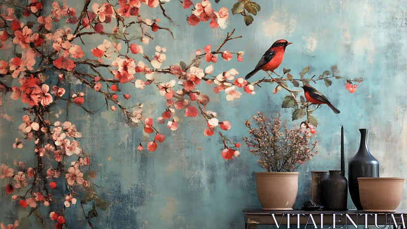 Crimson songbirds rehearse above pots and painted blossoms