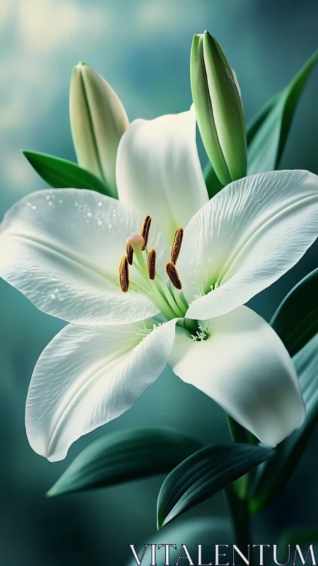 White lily bloom displays prominent stamens and developing buds.