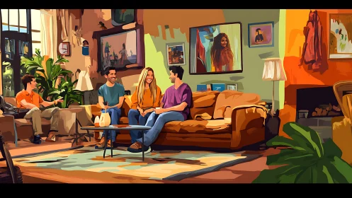 Four friends sit talking on a sofa in a colorful living room