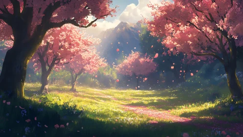 Sunlit cherry blossom path leading toward distant mountains.