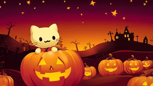 Digital rendering of feline character positioned on carved pumpkin amid autumn landscape.