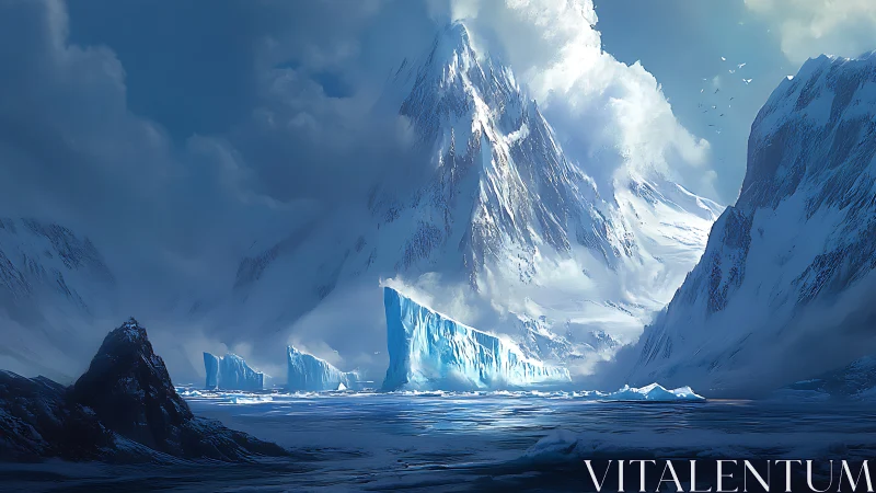 Majestic icy mountain towers above frozen polar channel.