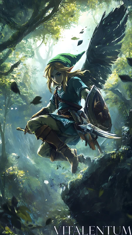 Winged forest warrior dives through glowing emerald canopy.