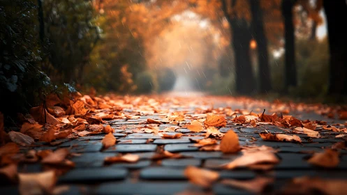 Golden autumn leaves softening a quiet cobblestone path.