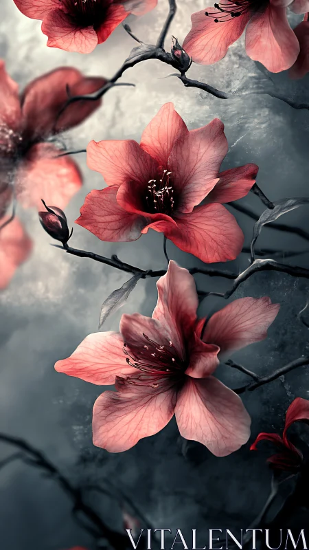 Crimson Cherry Blossoms on Dark Branch.