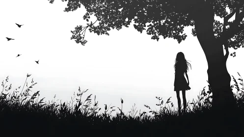 Silhouetted girl stands under lone tree beside windswept field