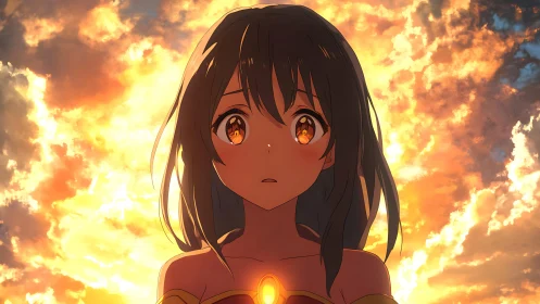 Sunset ember girl awakening beneath a blazing sky of fire.