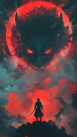 Lone warrior stands beneath a blazing red demon moon.