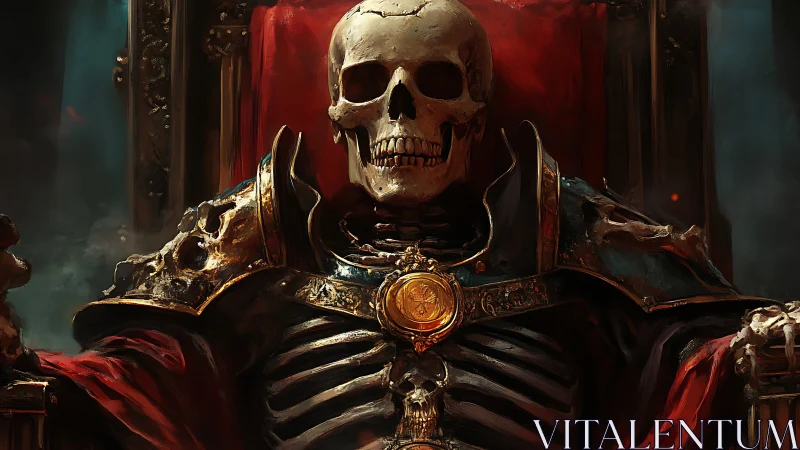 Skeletal warlord enthroned in ornate crimson cloak armor.