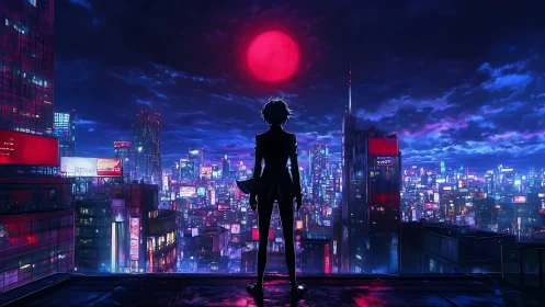 Lone figure surveys neon cyberpunk city beneath crimson moon.