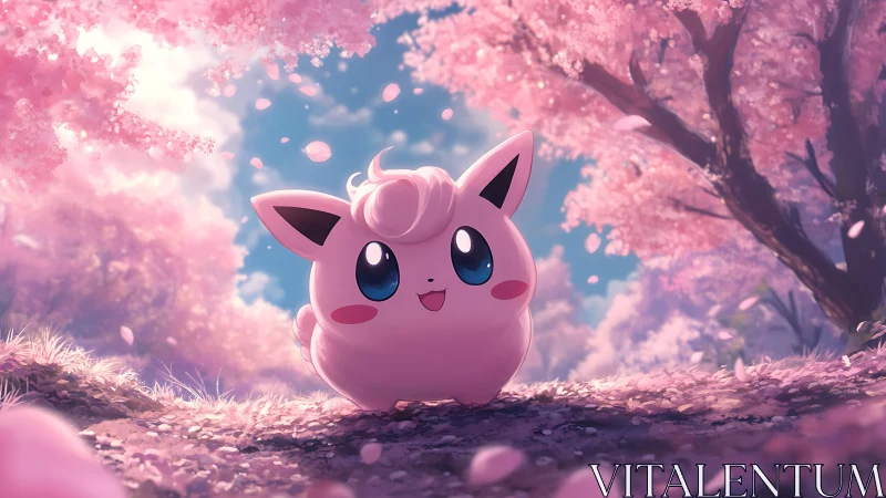 Cute pink creature smiles under dreamy cherry blossoms