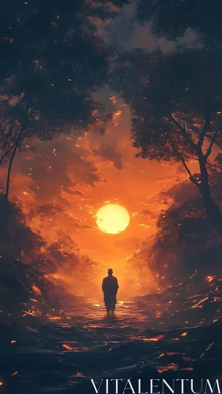 Solitary robed figure under incendiary solar corridor sky.