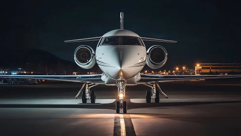 Private jet front view on night runway with city lights.