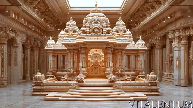 Intricately carved stone temple interior under diffused skylight