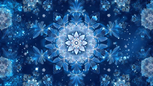 Shimmering winter mandala of snowflakes and crystal petals.