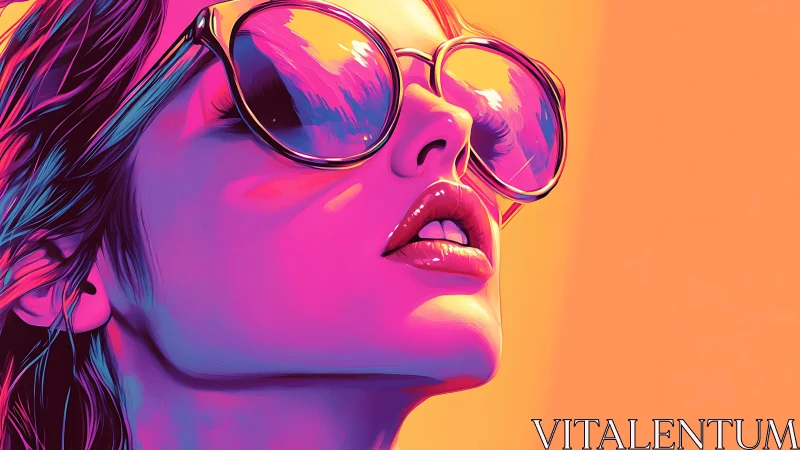 Neon gradient portrait of woman in reflective sunglasses closeup.