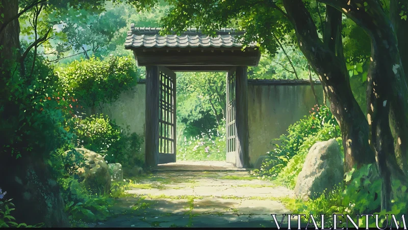 Sunlit wooden garden gate opens onto lush summer path