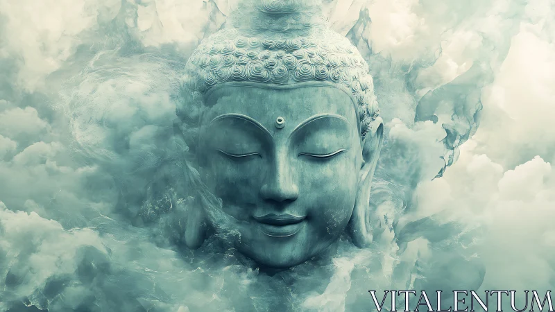 Serene stone Buddha head emerges from swirling celestial mist