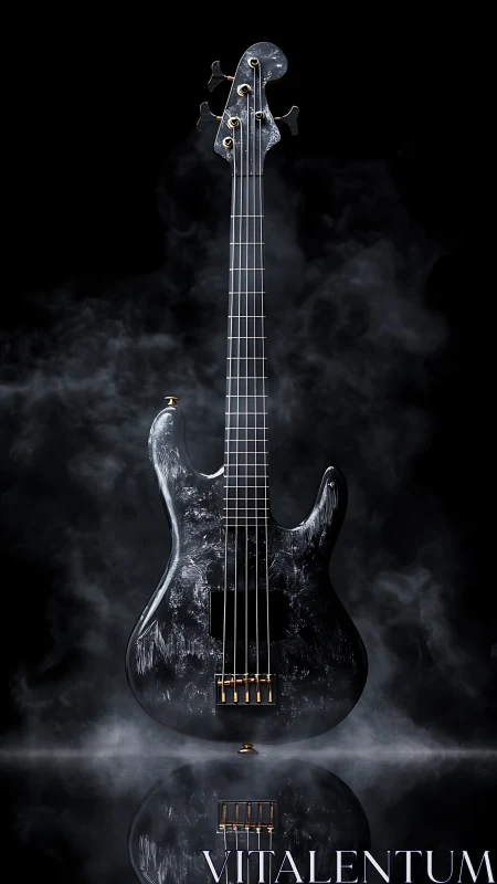 Glossy black electric bass in dramatic studio smoke lighting.
