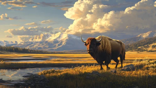 Golden plains bison under towering mountain clouds.