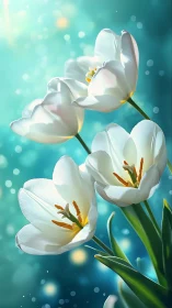 White Tulips with Bokeh on Turquoise Background