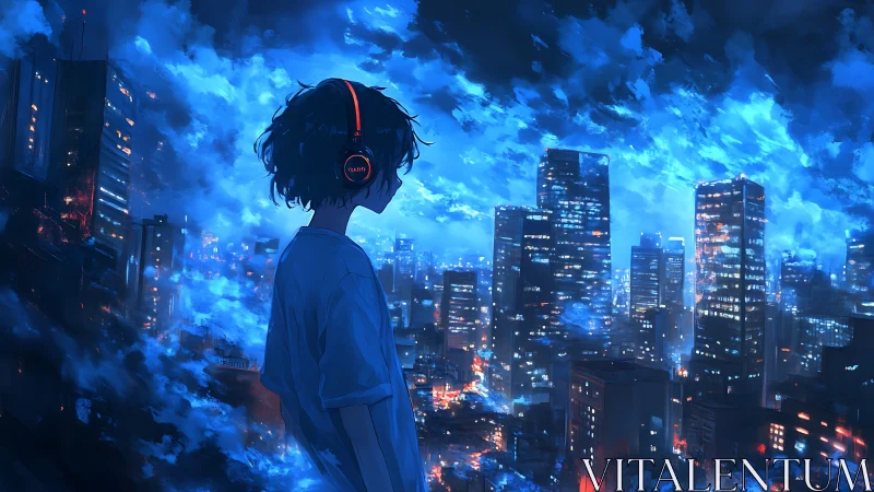 Solitary listener above neon blue night city skyline.