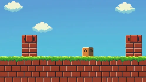 Pixel platformer level with brick columns and sky background.