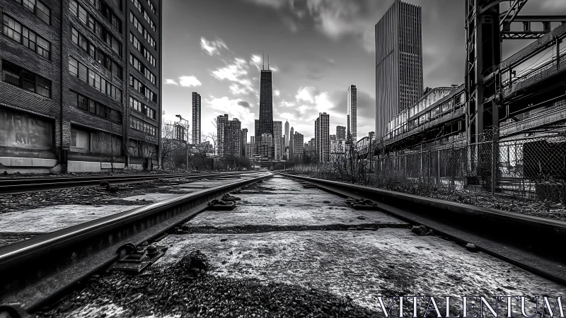 Black and white city skyline framed by urban rail tracks.