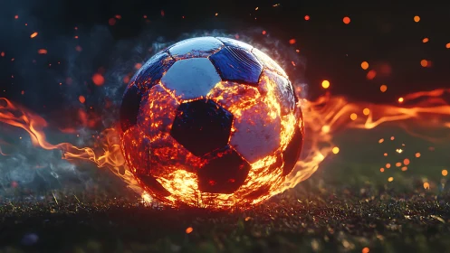Photorealistic molten soccer ball with dynamic flame trails.