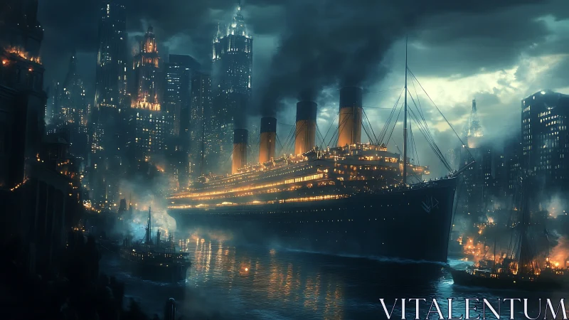 Steam liner enters dystopian harbor under smoky illuminated skyline
