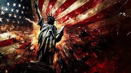 Statue of Liberty amid explosive abstract US flag burst.