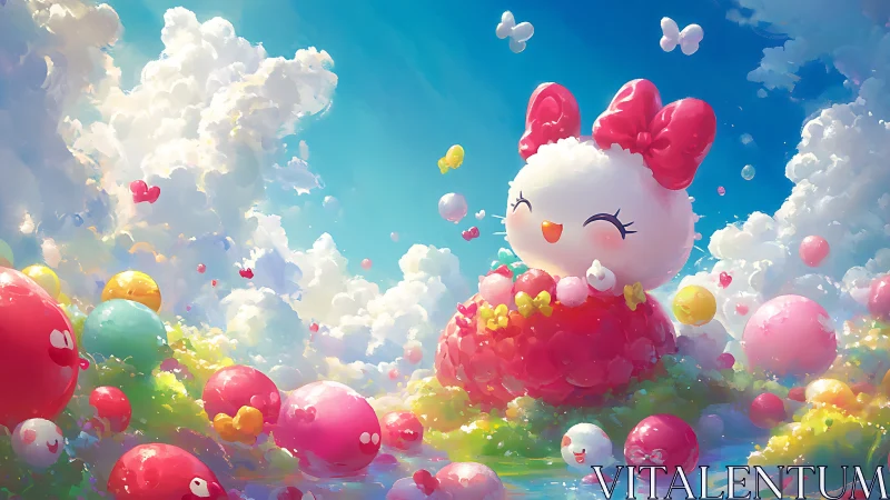 Smiling cloud creature sits among luminous candy balloons