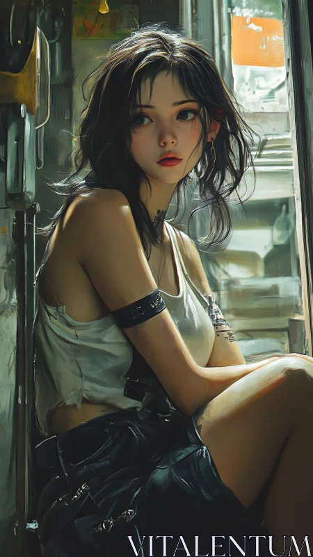 Melancholic cyberpunk girl in soft industrial daylight portrait.