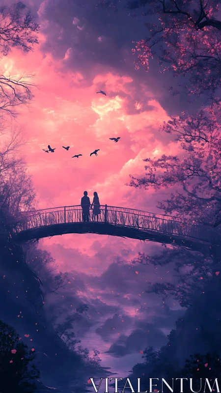 Lovers on a duskbridge beneath cotton-candy thunderclouds.