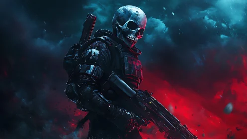 Skull-masked futuristic commando in blazing red-blue storm.