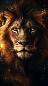 High-contrast leonine portrait with ember-laced mane rendering.