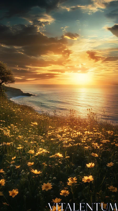 Golden sunset over coastal meadow of yellow wildflowers.
