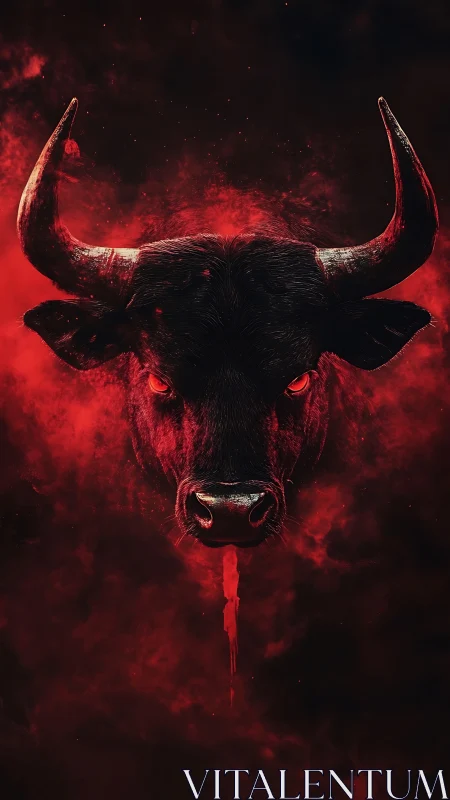 Demonic bull portrait emerges from red particulate smoke field