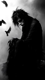 Gothic figure in black with ravens in moody grayscale scene.