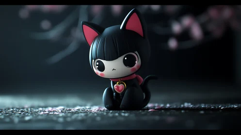Chibi black cat figurine glows under soft bokeh lights.