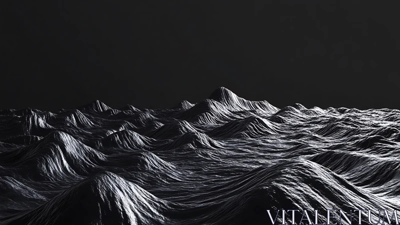Monochrome metallic seascape forms sculpted digital waves.