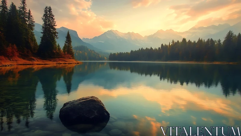 High-altitude conifer lake at sunrise with mirrorlike reflections
