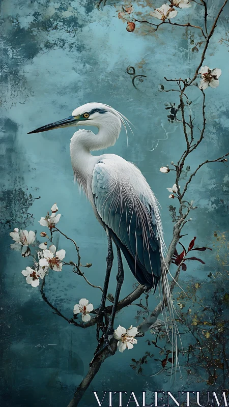 White heron rests among blossoms on teal textured sky.