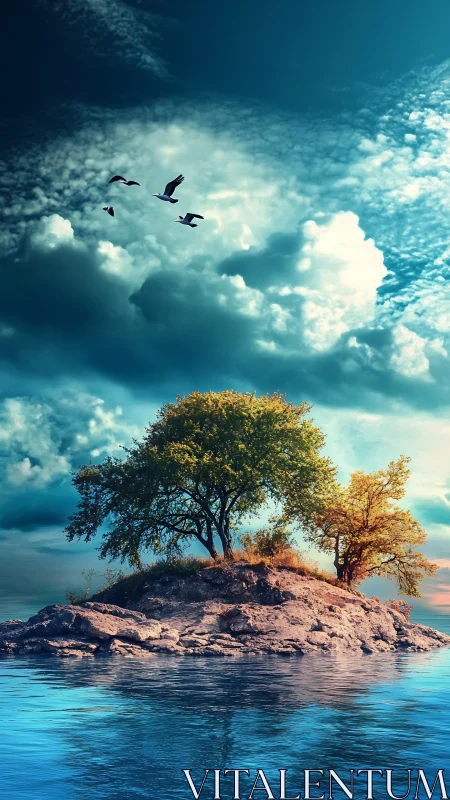 Island with trees in turquoise water under clouded sky